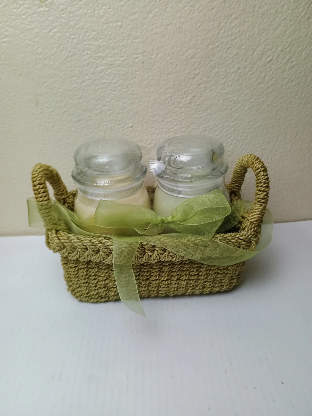 Green Woven Basket Gift Set with Two Cream Jar Candles - Pearberry Lily Of The V